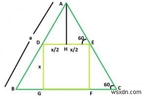 สี่เหลี่ยมที่ใหญ่ที่สุดที่สามารถจารึกไว้ภายในสามเหลี่ยมด้านเท่าใน C? 