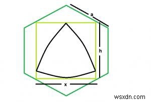 Reuleaux Triangle ที่ใหญ่ที่สุดที่จารึกไว้ภายในสี่เหลี่ยมจัตุรัสซึ่งถูกจารึกไว้ภายในรูปหกเหลี่ยมใน C? 