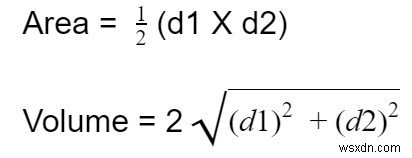 โปรแกรมคำนวณพื้นที่และปริมณฑลของรูปสี่เหลี่ยมขนมเปียกปูนที่มีเส้นทแยงมุมรูปสี่เหลี่ยมขนมเปียกปูนใน C++ คืออะไร? 