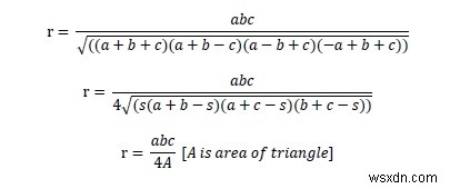 พื้นที่วงกลมของรูปสามเหลี่ยมใดๆ ที่มีด้านกำหนดเป็น C++ 