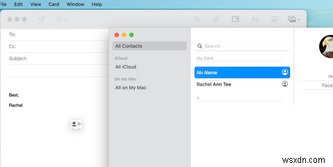 วิธีส่งและรับนามบัตรเสมือน (vCards) ใน Mail บน Mac 