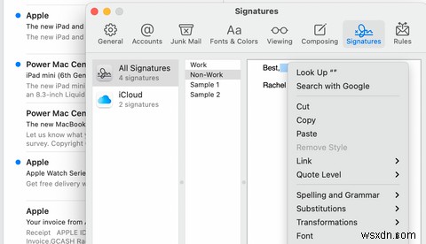 ปรับแต่งอีเมลของคุณโดยการเพิ่มลายเซ็นอีเมลใน Mail บน Mac ของคุณ 