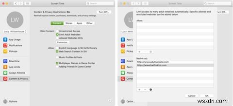 จำกัดเนื้อหาและตั้งค่าการจำกัดสำหรับเด็กด้วยเวลาหน้าจอบน Mac 
