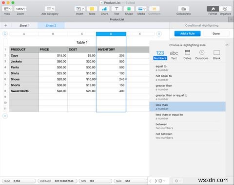 วิธีใช้การจัดรูปแบบตามเงื่อนไขใน Numbers บน Mac 