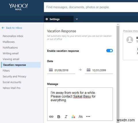 วิธีตั้งค่าการตอบกลับเมื่อไม่อยู่ที่สำนักงานใน Yahoo Mail 