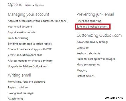 วิธีการไวท์ลิสต์ที่อยู่อีเมลใน Outlook.com