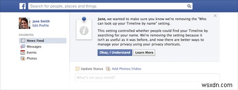 Facebook ลบการตั้งค่าความเป็นส่วนตัวสำหรับการค้นหาไทม์ไลน์ 