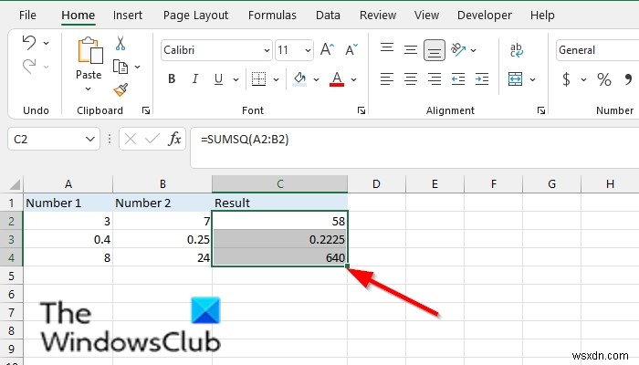วิธีใช้ฟังก์ชัน SUMSQ ใน Excel 