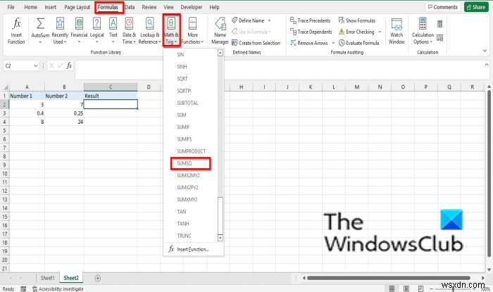 วิธีใช้ฟังก์ชัน SUMSQ ใน Excel 