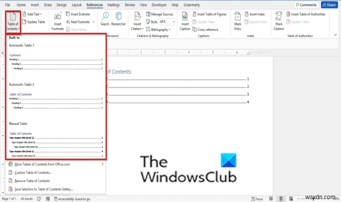 วิธีแก้ไข อัปเดต ลบสารบัญใน Word 