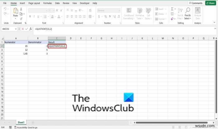 วิธีใช้ฟังก์ชัน Quotient ใน Excel 