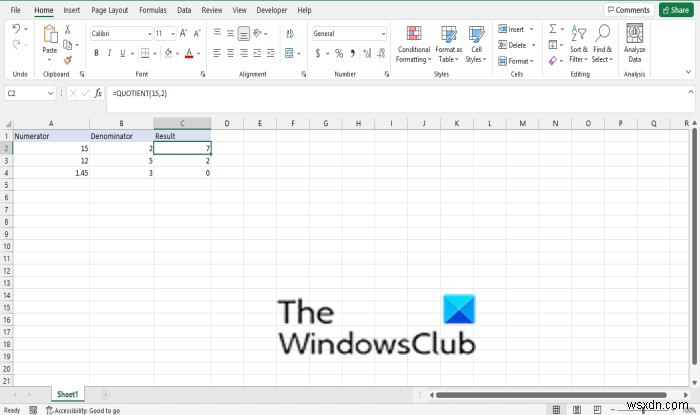 วิธีใช้ฟังก์ชัน Quotient ใน Excel 