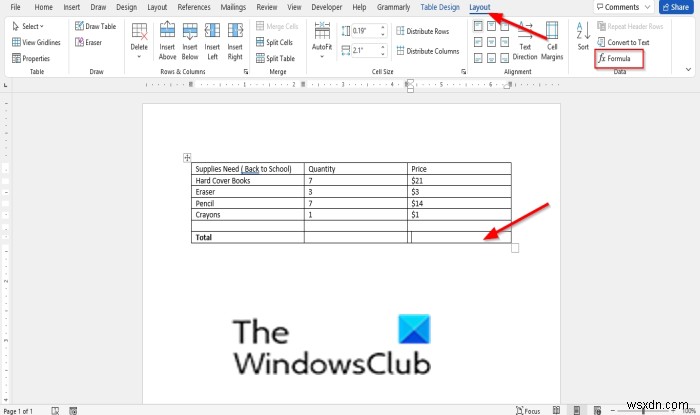 วิธีรวมคอลัมน์หรือแถวของตัวเลขใน Word Table 