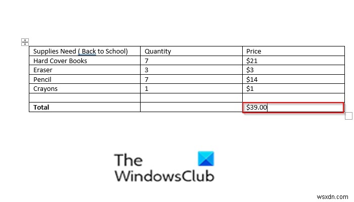 วิธีรวมคอลัมน์หรือแถวของตัวเลขใน Word Table 