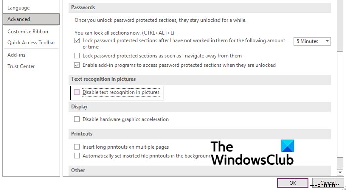 ตัวเลือก OneNote คัดลอกข้อความจากรูปภาพหายไป 