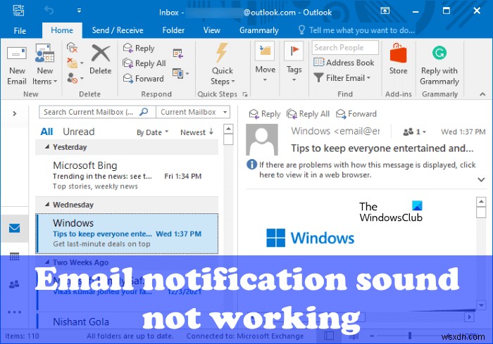 เสียงแจ้งเตือนอีเมลไม่ทำงานใน Outlook 