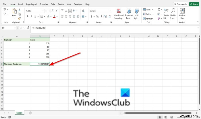 วิธีใช้ฟังก์ชัน STDEV (ค่าเบี่ยงเบนมาตรฐาน) ใน Excel 