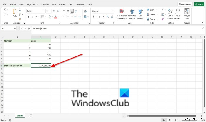 วิธีใช้ฟังก์ชัน STDEV (ค่าเบี่ยงเบนมาตรฐาน) ใน Excel 