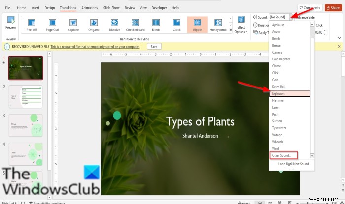 วิธีการเพิ่มเอฟเฟกต์เสียงให้กับการเปลี่ยนใน PowerPoint