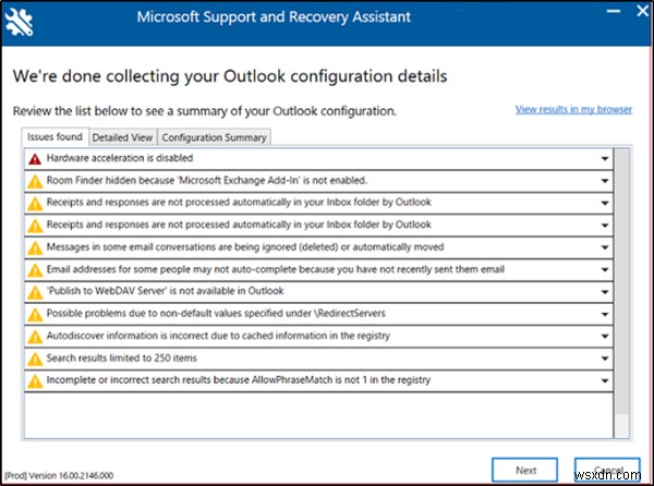 ใช้การวินิจฉัยขั้นสูงใน Microsoft Support and Recovery Assistant เพื่อแก้ไขปัญหา Outlook 