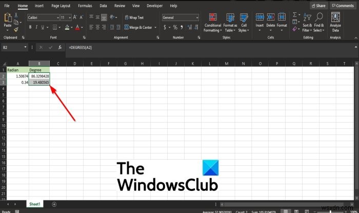 วิธีใช้ฟังก์ชัน DEGREES ใน Microsoft Excel 