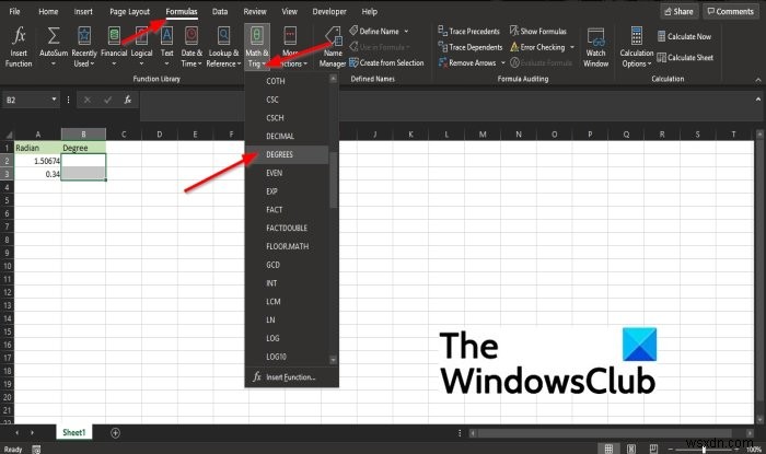 วิธีใช้ฟังก์ชัน DEGREES ใน Microsoft Excel 