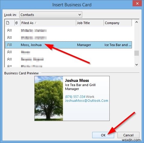 วิธีส่งนามบัตรให้ผู้ใช้ Outlook คนอื่น 