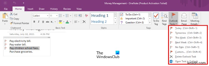 วิธีสร้างงาน Outlook ใน OneNote 