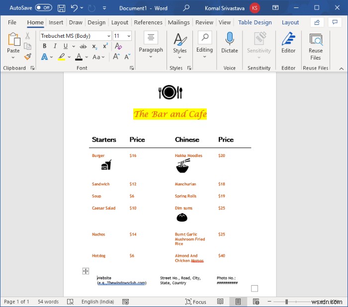 วิธีสร้างเมนูร้านอาหารใน Microsoft Word 