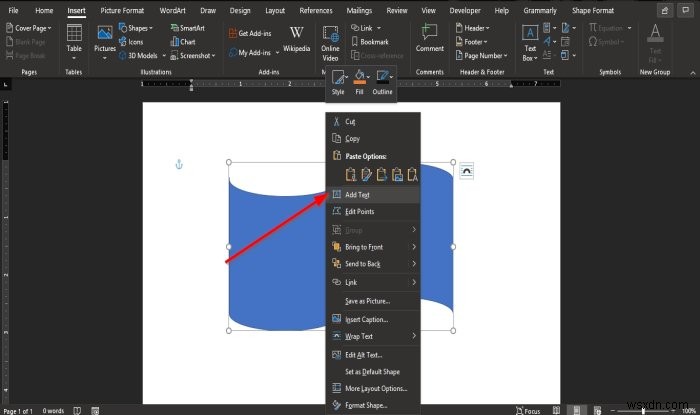 วิธีการแทรกข้อความลงในรูปร่างใน Microsoft Word