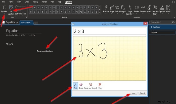 วิธีการแทรกสมการและสัญลักษณ์ลงในหน้าใน OneNote