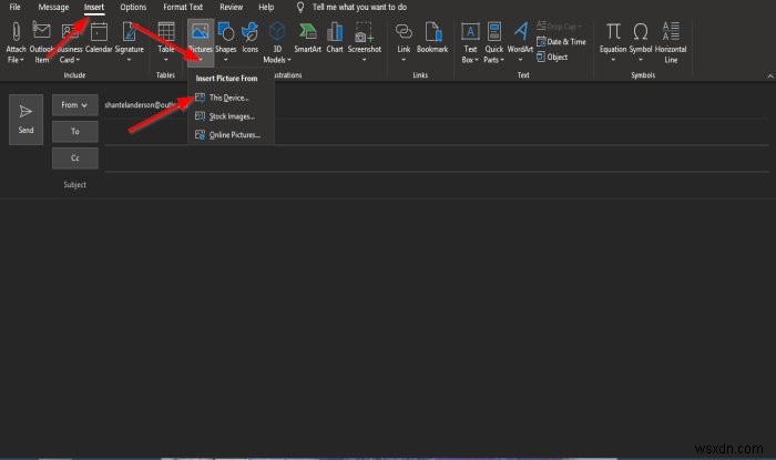 วิธีแทรกรูปภาพและรูปร่างในเนื้อหาอีเมล Outlook 
