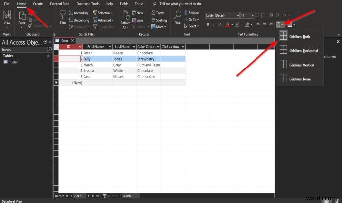 วิธีเปลี่ยนสไตล์เส้นตารางและสีพื้นหลังใน Access Datasheet ของคุณ 