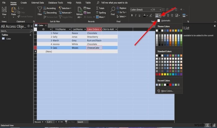 วิธีเปลี่ยนสไตล์เส้นตารางและสีพื้นหลังใน Access Datasheet ของคุณ 