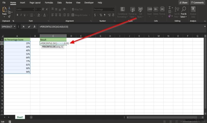 วิธีใช้ฟังก์ชัน Percentile.Exc ใน Microsoft Excel 