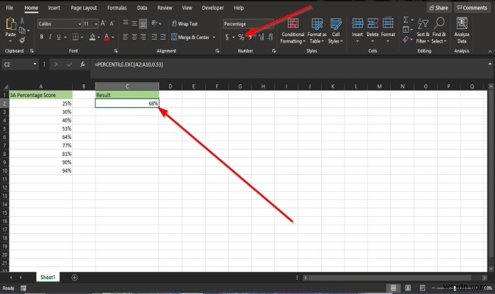 วิธีใช้ฟังก์ชัน Percentile.Exc ใน Microsoft Excel 