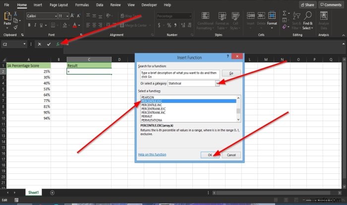 วิธีใช้ฟังก์ชัน Percentile.Exc ใน Microsoft Excel 