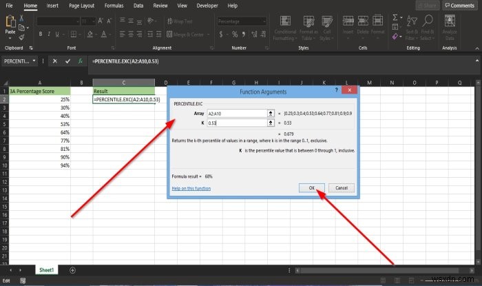 วิธีใช้ฟังก์ชัน Percentile.Exc ใน Microsoft Excel 