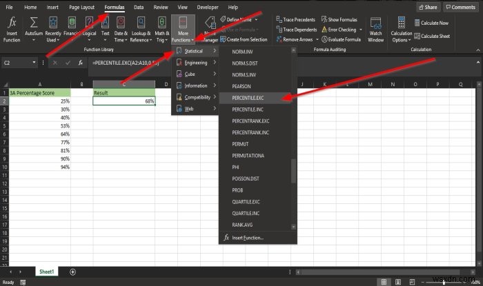 วิธีใช้ฟังก์ชัน Percentile.Exc ใน Microsoft Excel 