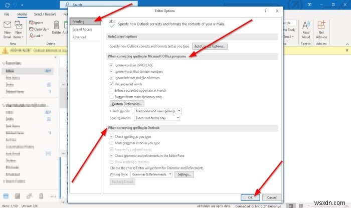 วิธีปรับแต่งการตั้งค่าการตรวจสอบการสะกดและไวยากรณ์ใน Outlook 