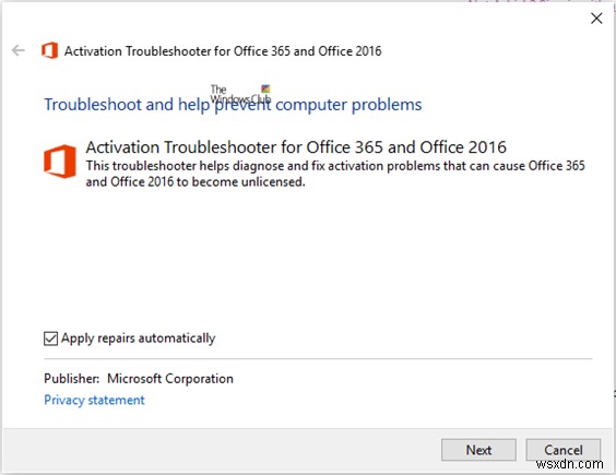 ตัวแก้ไขปัญหาการเปิดใช้งาน Microsoft Office สำหรับ Office 2021 และ Office 365 