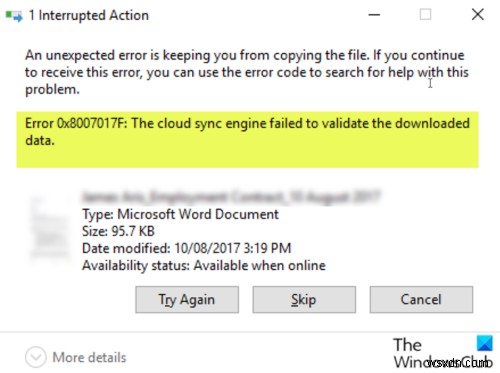 ข้อผิดพลาด OneDrive 0x8007017F:กลไกการซิงค์บนคลาวด์ล้มเหลวในการตรวจสอบข้อมูลที่ดาวน์โหลด 