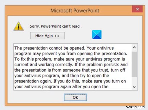 แก้ไข ขออภัย PowerPoint ไม่สามารถอ่านข้อความแสดงข้อผิดพลาด 