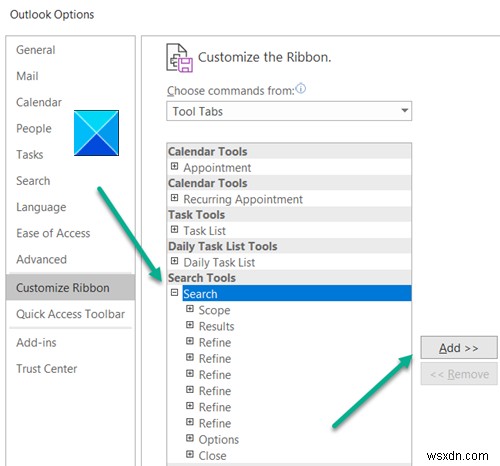 กล่องค้นหาทันทีหายไปใน Outlook 