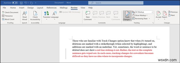 ปุ่มลบไม่แสดงขีดทับเมื่อเปิดใช้งานการติดตามการเปลี่ยนแปลงใน Word 
