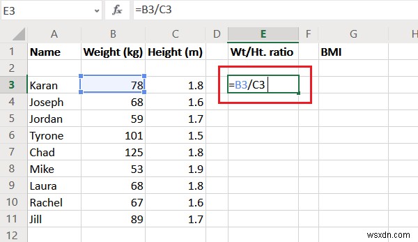 คำนวณอัตราส่วนน้ำหนักต่อส่วนสูงและ BMI ใน Excel โดยใช้สูตรการคำนวณ BMI นี้ 