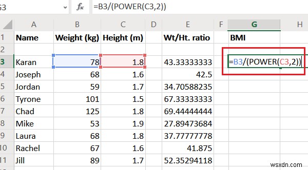 คำนวณอัตราส่วนน้ำหนักต่อส่วนสูงและ BMI ใน Excel โดยใช้สูตรการคำนวณ BMI นี้ 