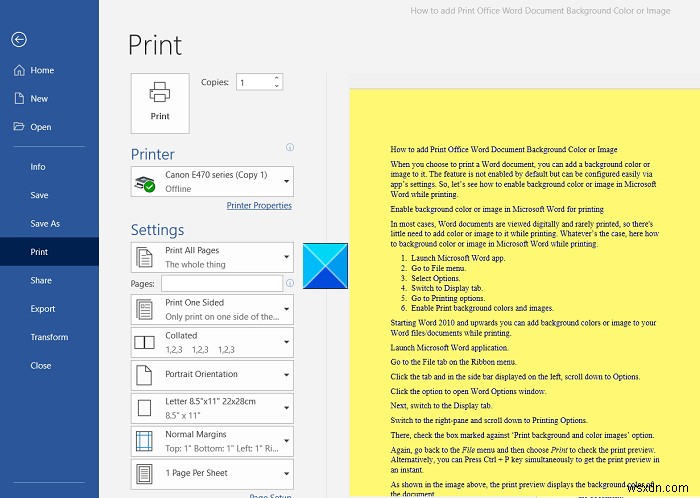 วิธีพิมพ์พื้นหลังและภาพสีใน Word 