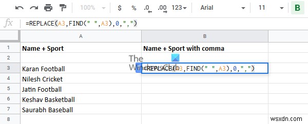 วิธีเพิ่มจุลภาคหลังคำแรกในแต่ละเซลล์ใน Excel 