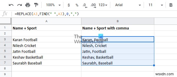 วิธีเพิ่มจุลภาคหลังคำแรกในแต่ละเซลล์ใน Excel 